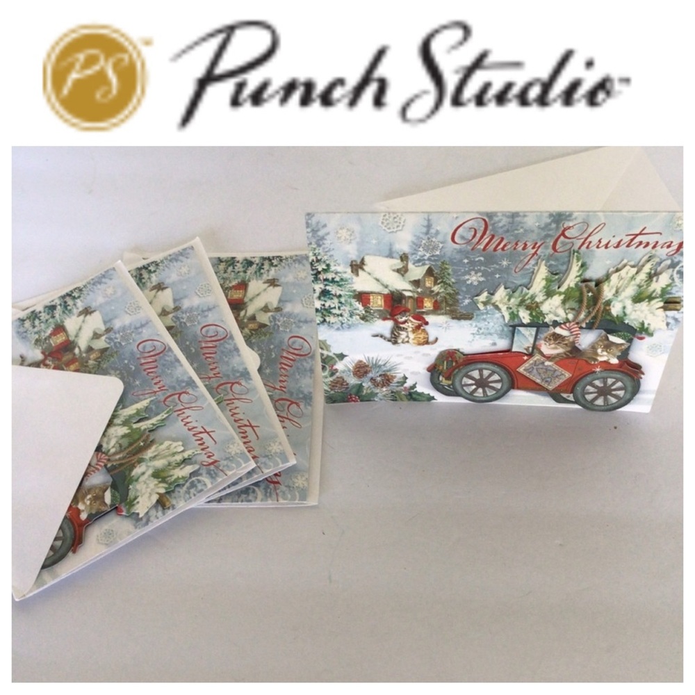 PUNCH STUDIO KITTY CHRISTMAS CARDS SET OF FOUR NWT